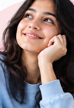 A student smiling, chin on her hand, thinking about what comes next